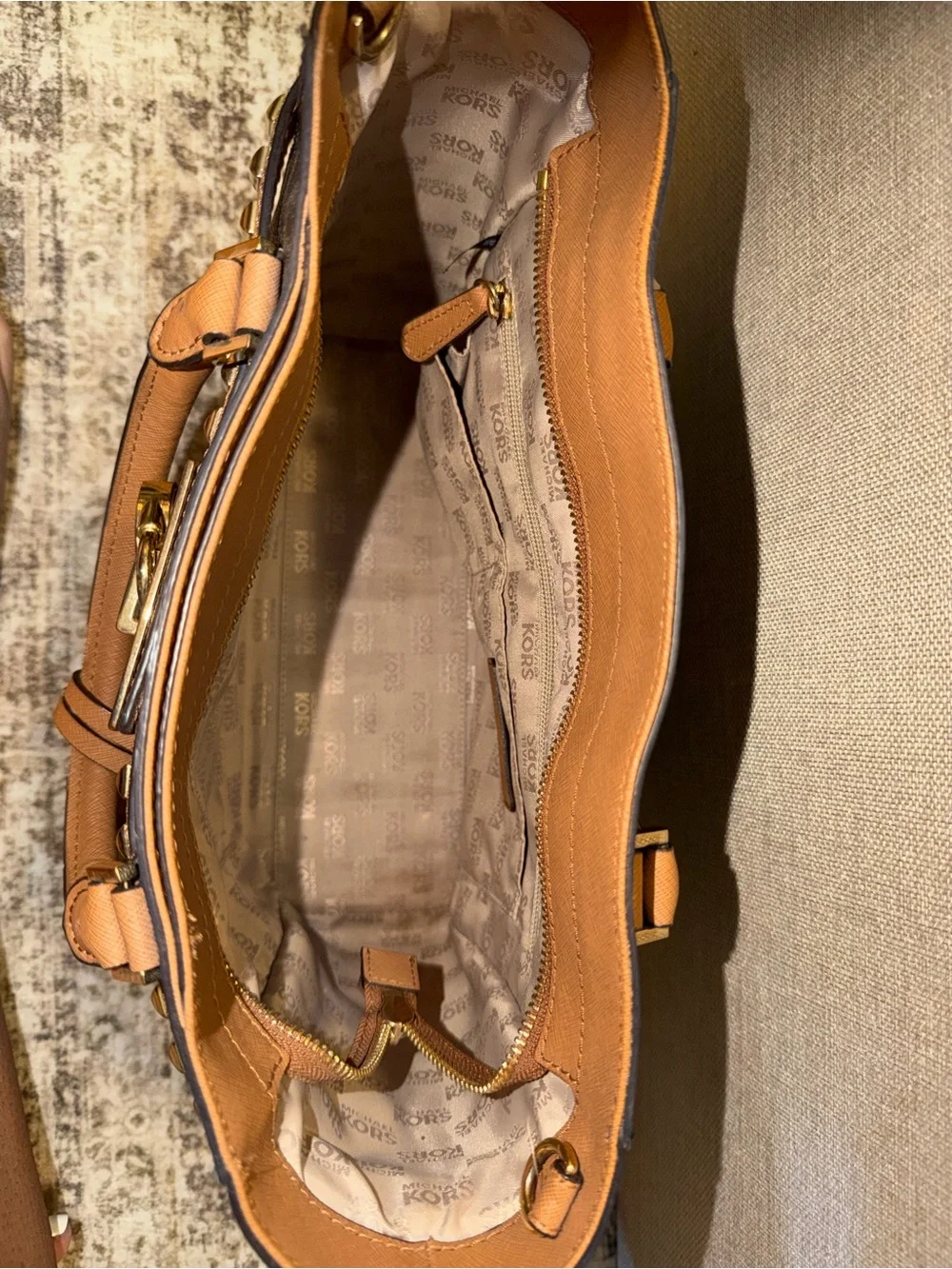 Michael Kors Black Logo Tote with Brown Trim and Gold Hardware